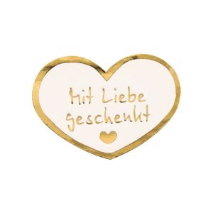 Herzetiketten 32x24mm weiß mit Druck in glanzgold "Mit Liebe geschenkt"